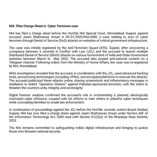 NIA Files Chargesheet in Cyber Terrorism Case 