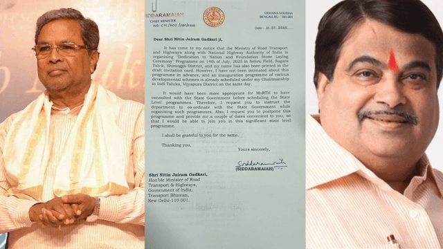 CM Siddaramaiah Writes to Nitin Gadkari Over Late Invitation to Sigandur Bridge Inauguration – Here's What the Letter Says